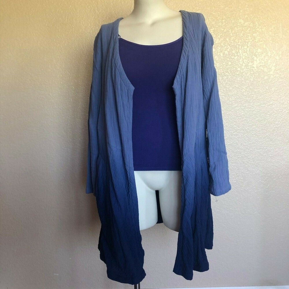 Soft Surroundings Blue Gauze Tie Dye Open Long Coverup Kimono Cardigan Top Sz S